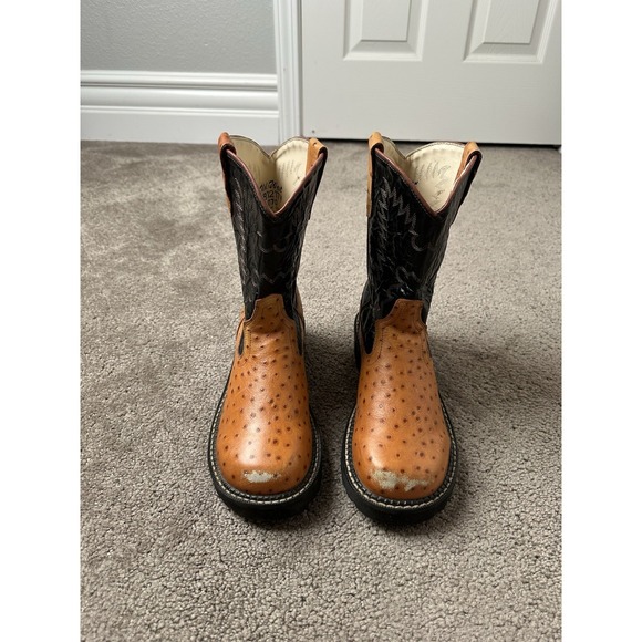 Young Cowboy Western Boots Old West Ostrich Boots Brown Leather, Size 070, US 7 - Picture 3 of 6